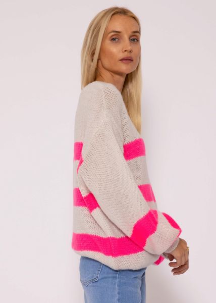 Pullover mit pink Streifen - hellbeige