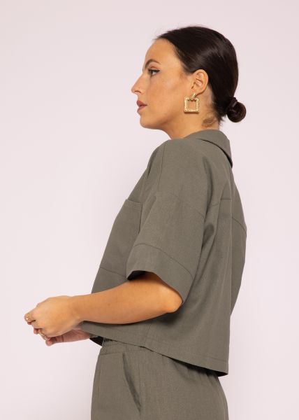 Crop Leinen Blusen Jacke, khaki