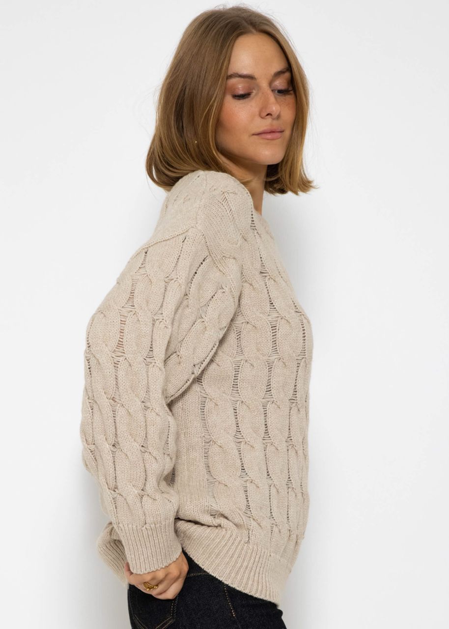 Strickpullover mit Zopfmuster - beige