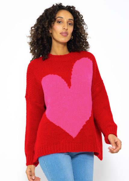 Oversize Pullover mit Herzmotiv - rot-pink
