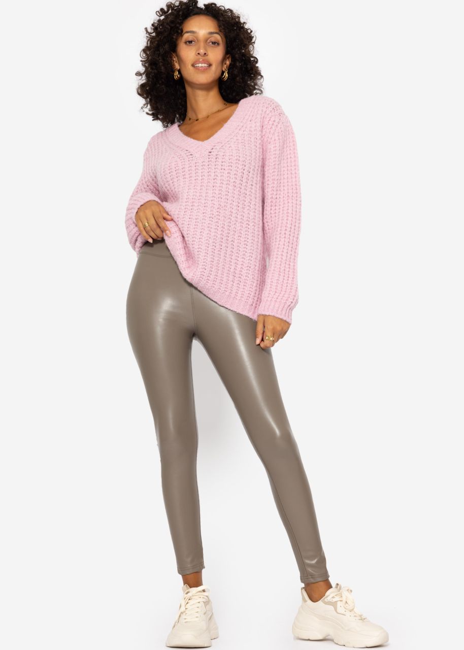 High-Rise Thermo Lederleggings mit breitem Bund - taupe