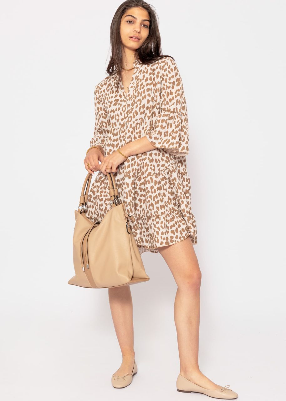 Musselin Kleid mit Leo-Print - offwhite-camel