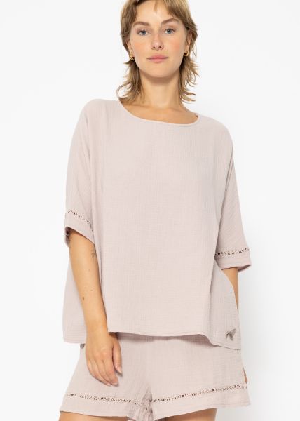 Musselin Pyjamashirt mit Spitzenborte - altrosa