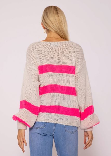Pullover mit pink Streifen - hellbeige