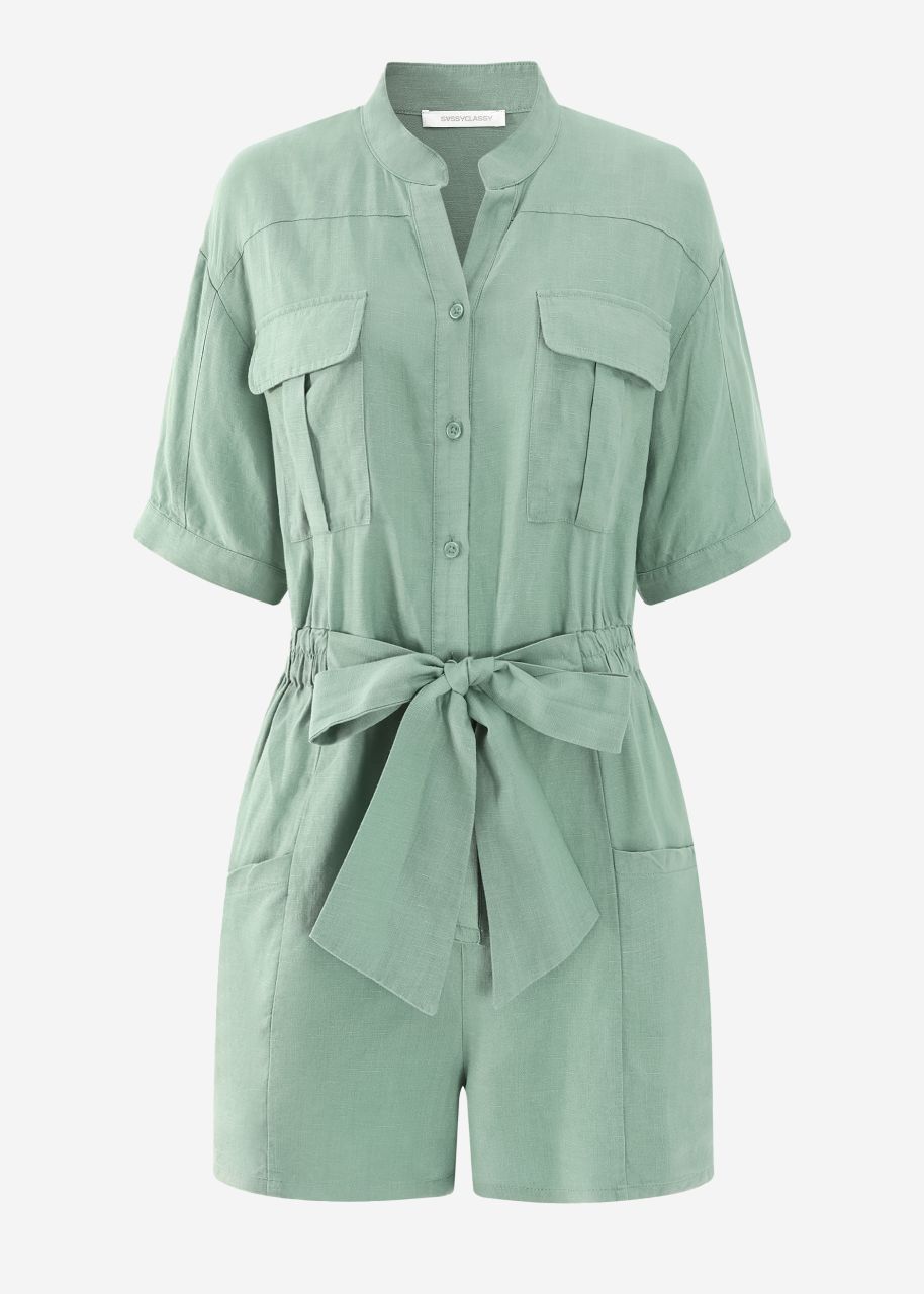 Leinenjumpsuit mit Bindegürtel - salbeigrün