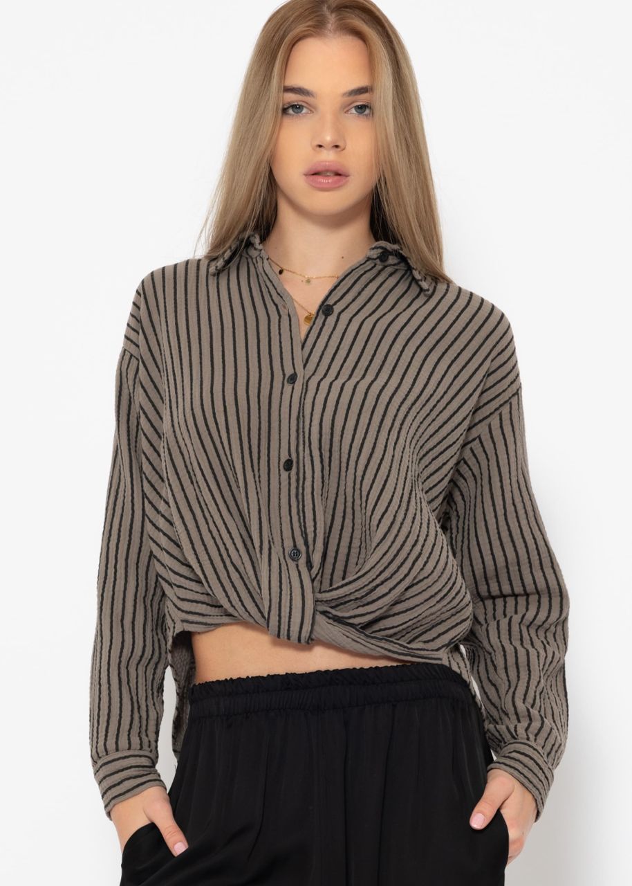 Gestreifte Musselin Bluse mit Knoten - taupe-schwarz