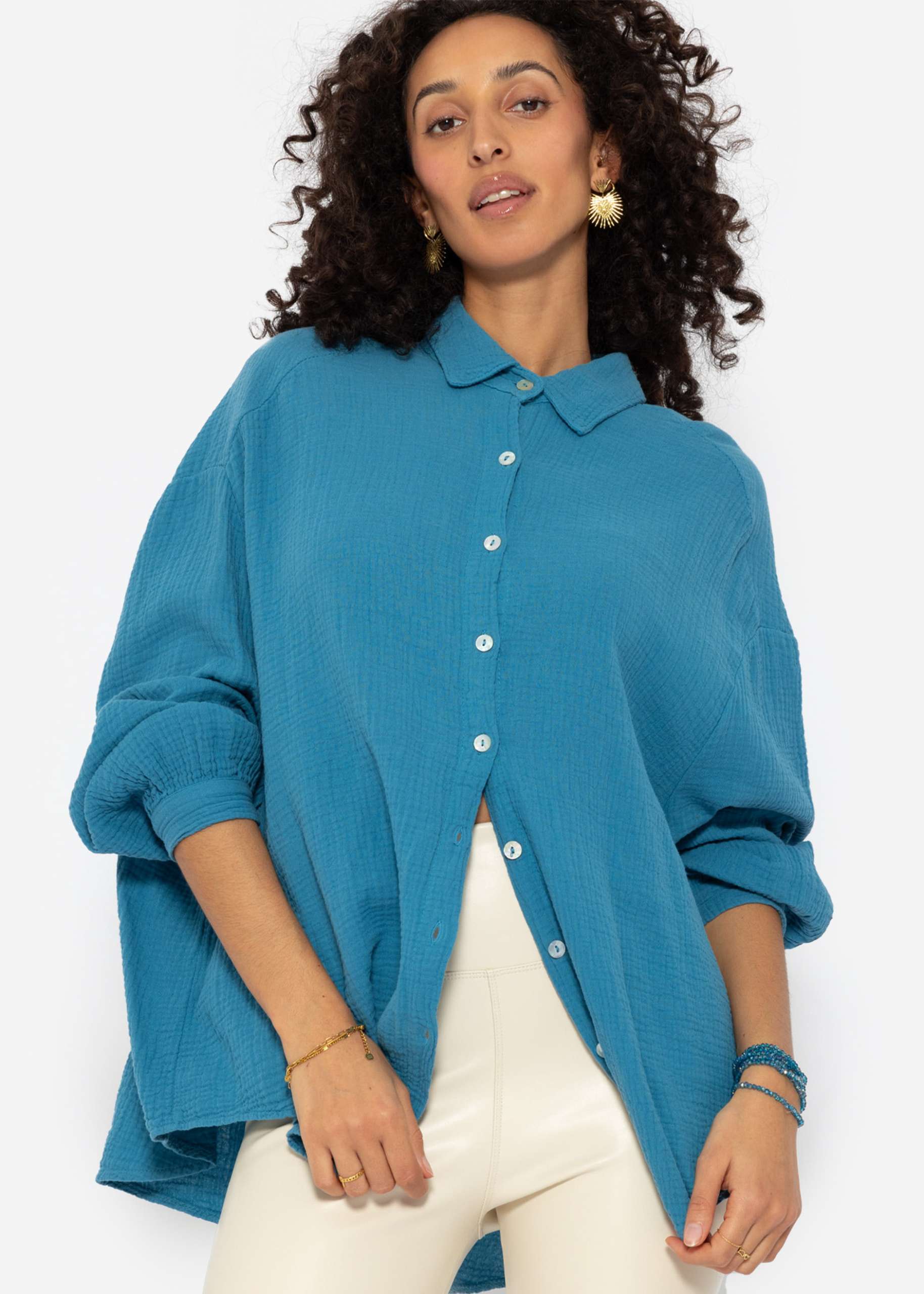 Musselin Bluse oversize, kurz, petrolblau