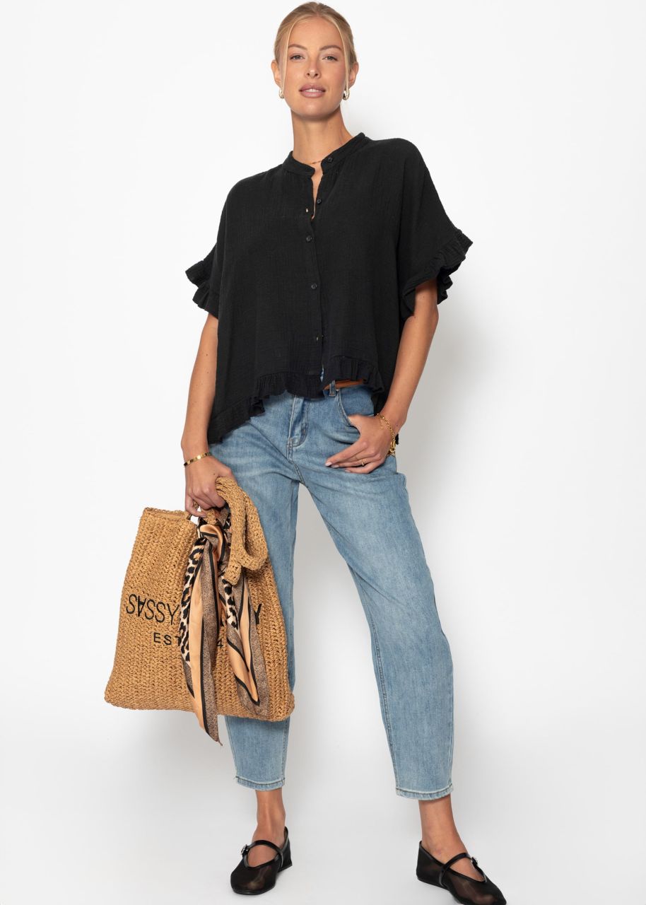 Musselin Bluse mit Rüschensaum - schwarz
