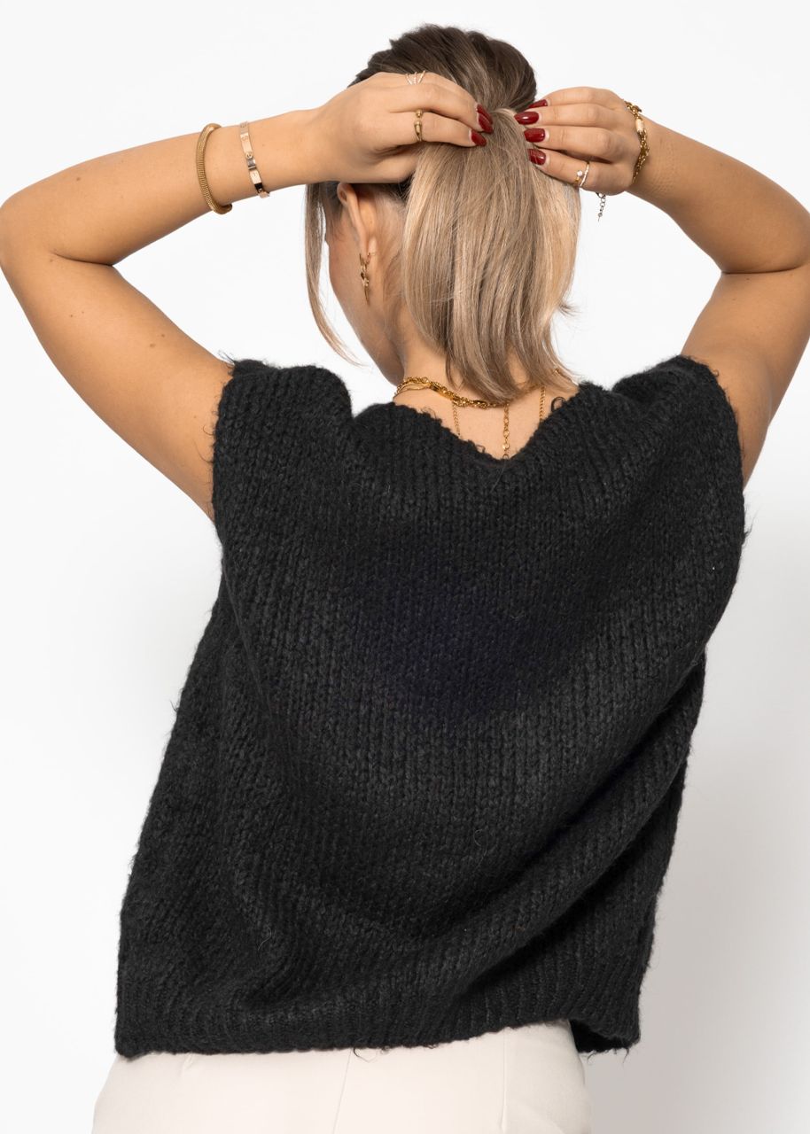 Flauschige, ärmellose Strickweste - schwarz