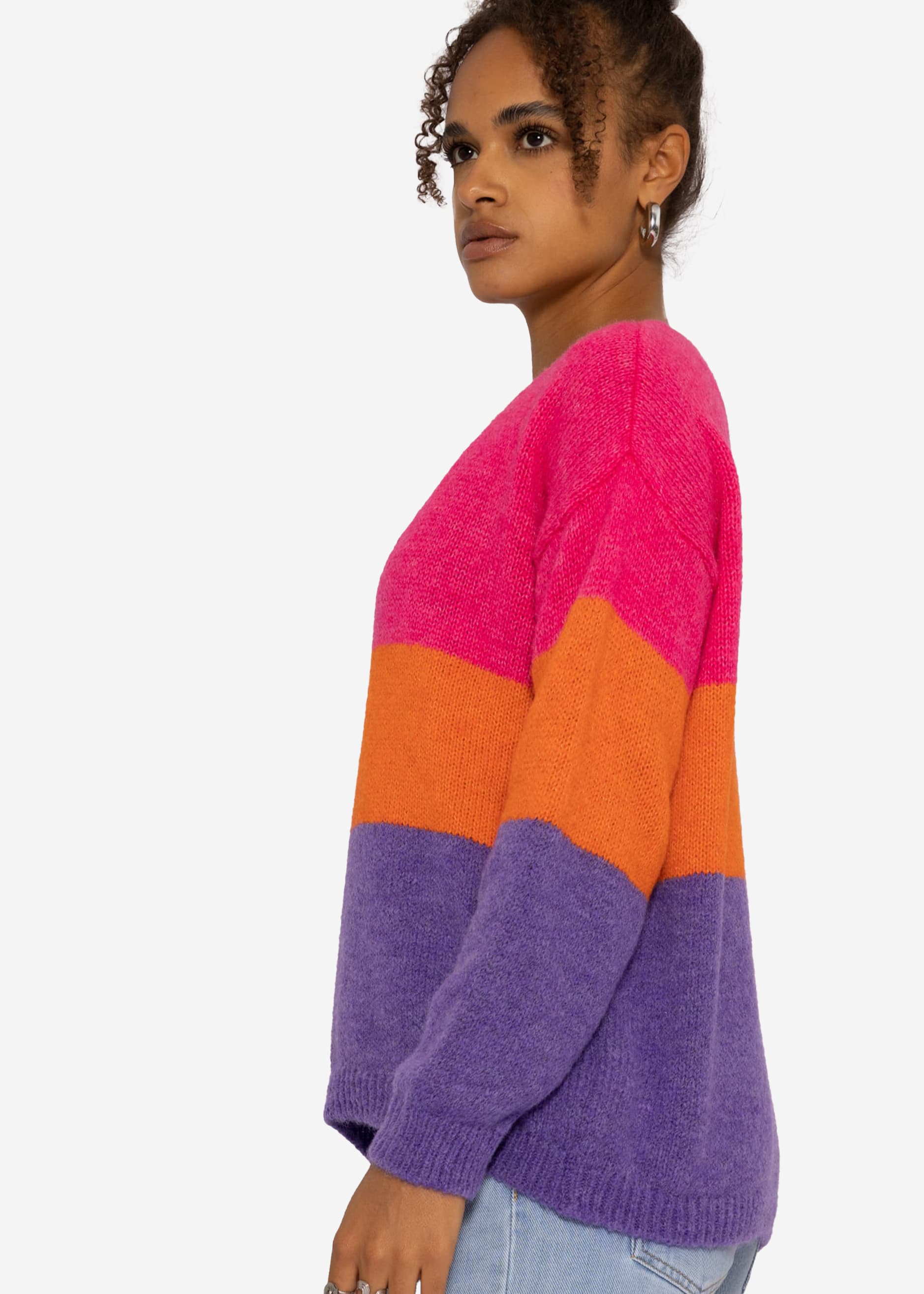 SASSYCLASSY orange V-Ausschnitt und Streifen Pullover | pink mit lila