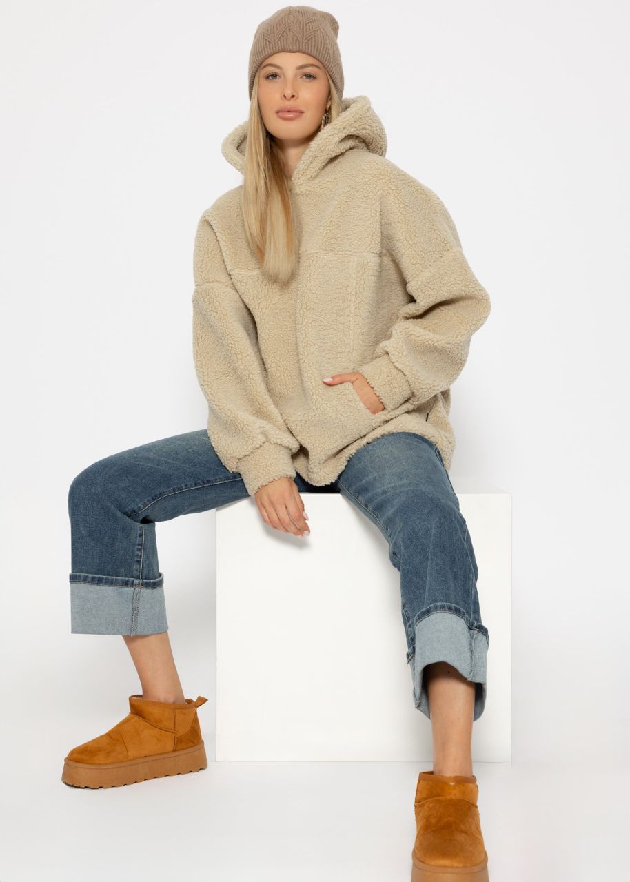 Oversize Teddy Sweatshirt mit Kapuze - hellbeige