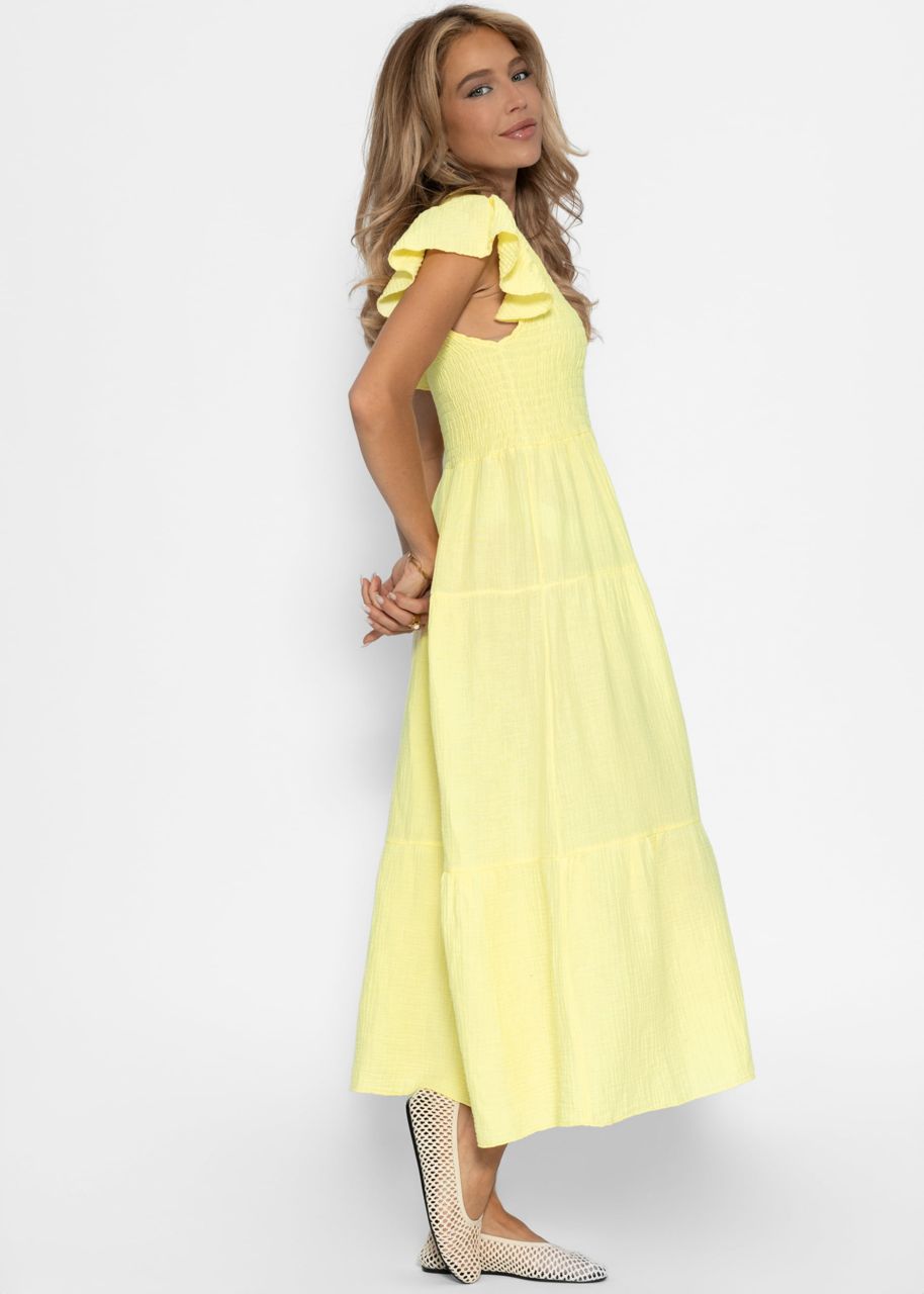 Maxi Musselin Kleid mit Volants und Flügelärmel - buttergelb