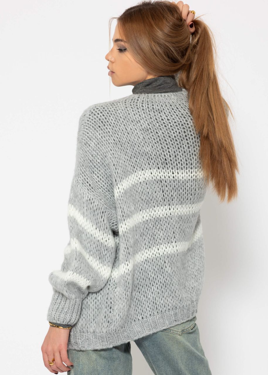 Oversize Cardigan mit weißen Streifen, hellgrau