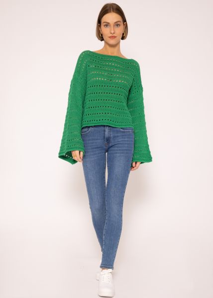 Oversized Pullover in Ajourstrick, grün