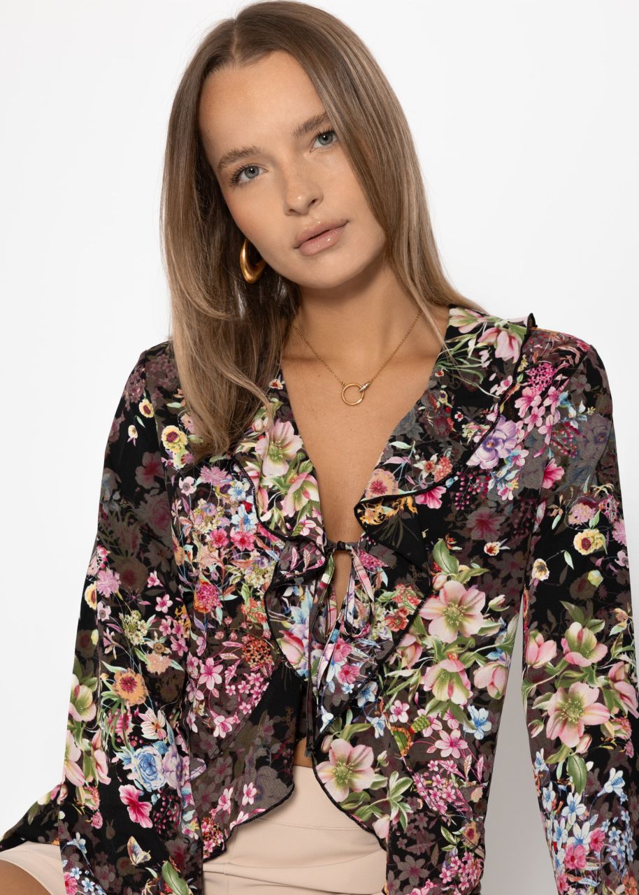 Bluse mit Bindeband und Blumen-Print - schwarz