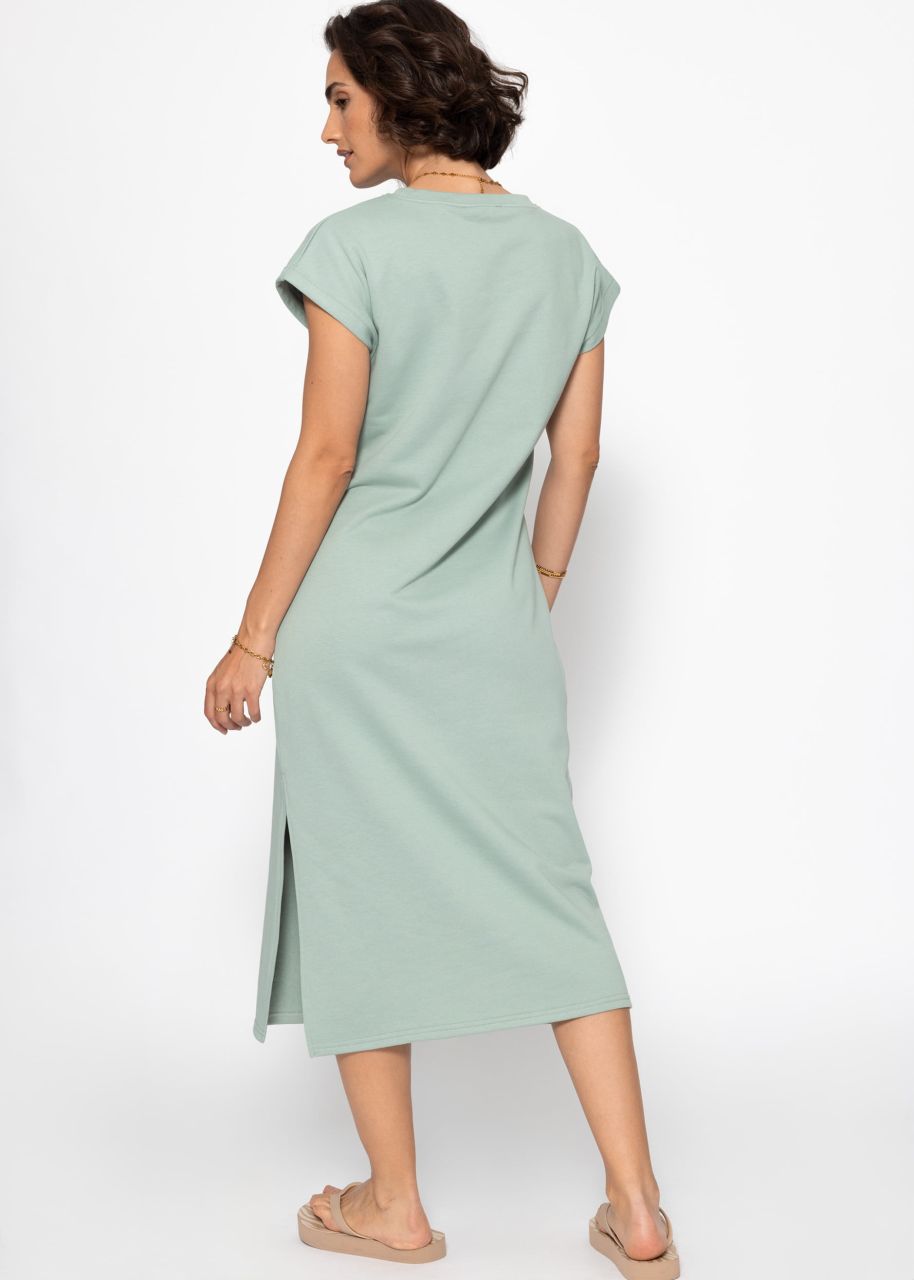 Langes Sweatkleid mit Schlitz - salbeigrün