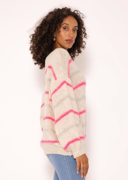 Strickpullover mit farbigen Streifen - hellbeige-pink-hellgrau