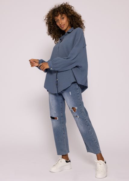 Ultra oversize Musselin-Blusenhemd, kürzere Variante, jeansblau