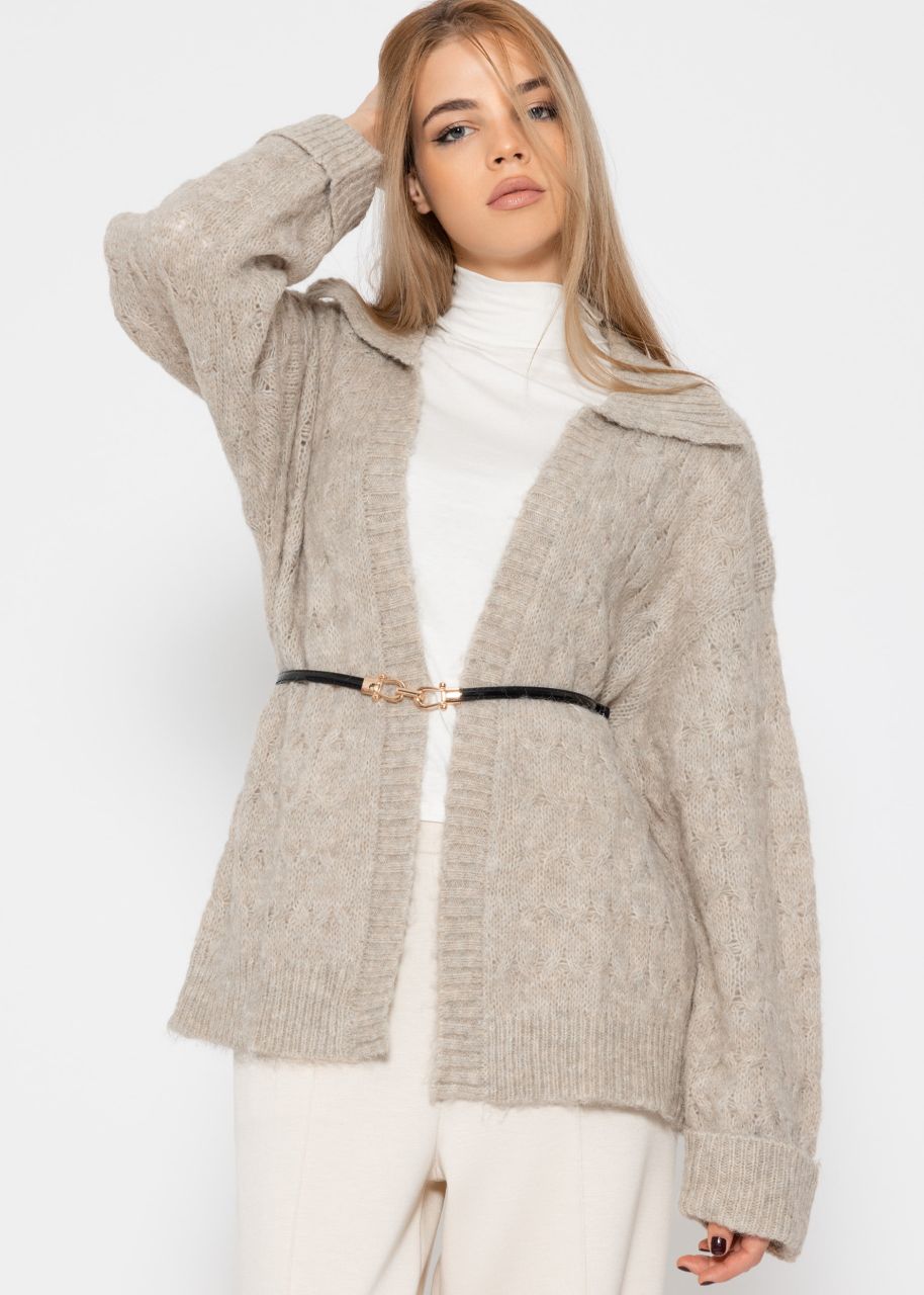 Flauschiger Zopfmuster-Cardigan mit Kragen - beige