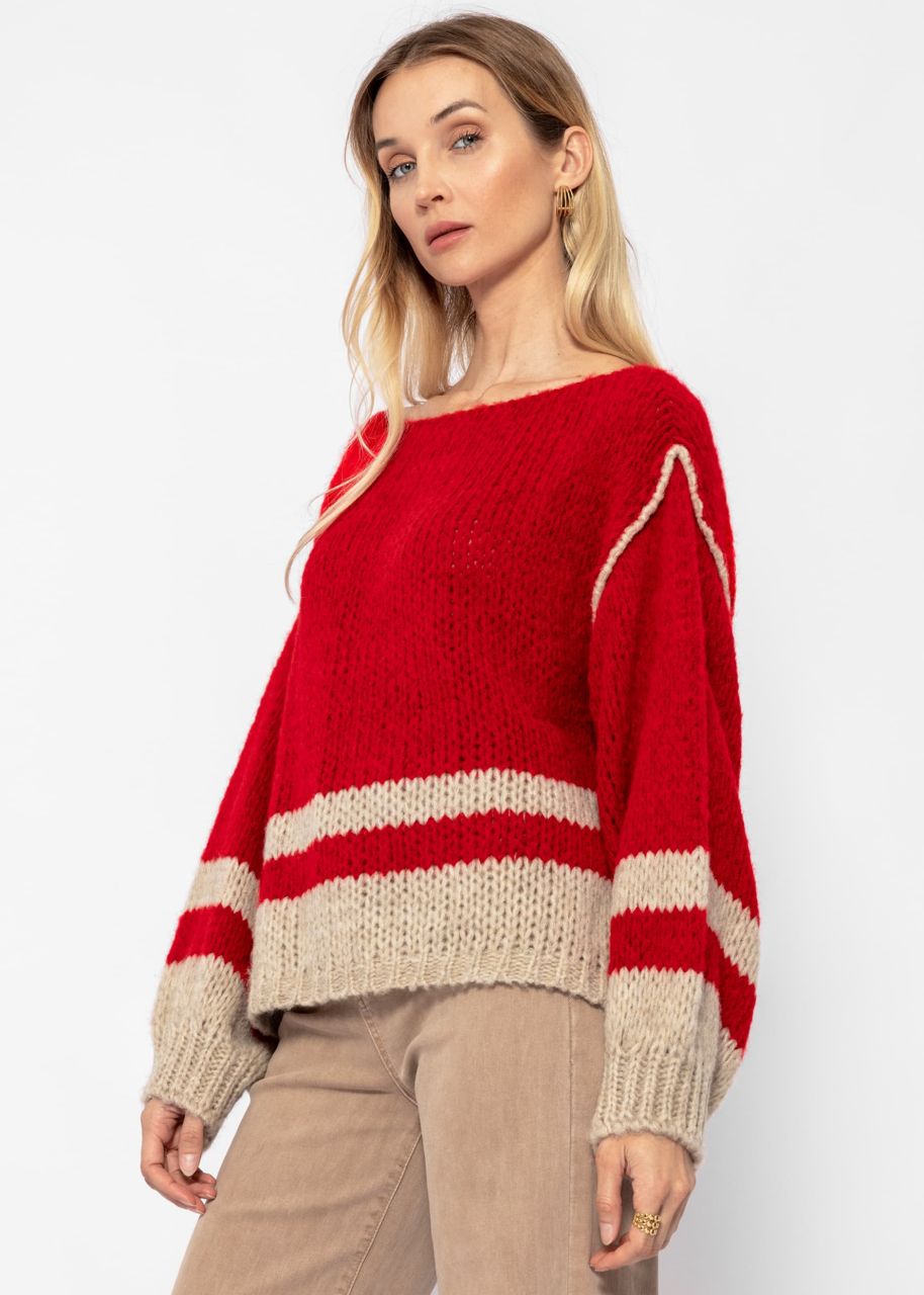 Pullover mit gestreiftem Saumende - rot-beige