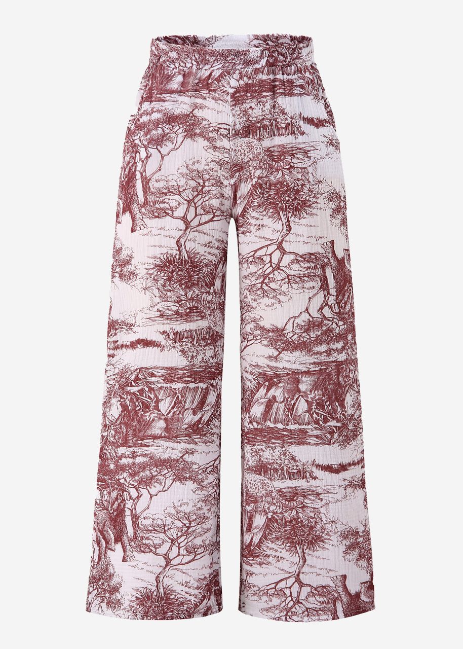 Musselin Pants mit weitem Bein und Print - weinrot