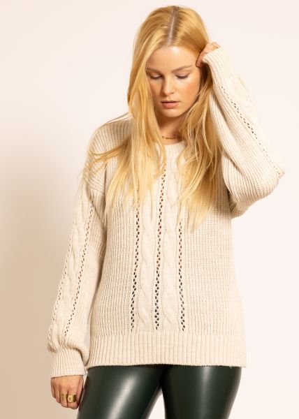 Long Pullover mit Zopfmuster, beige