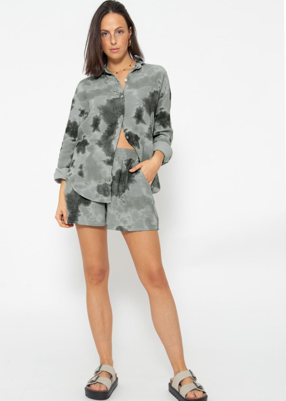 Oversize Musselin Bluse mit Print - grau-khaki