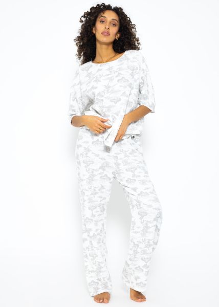 Musselin Pyjamashirt mit Print - weiß-taupe