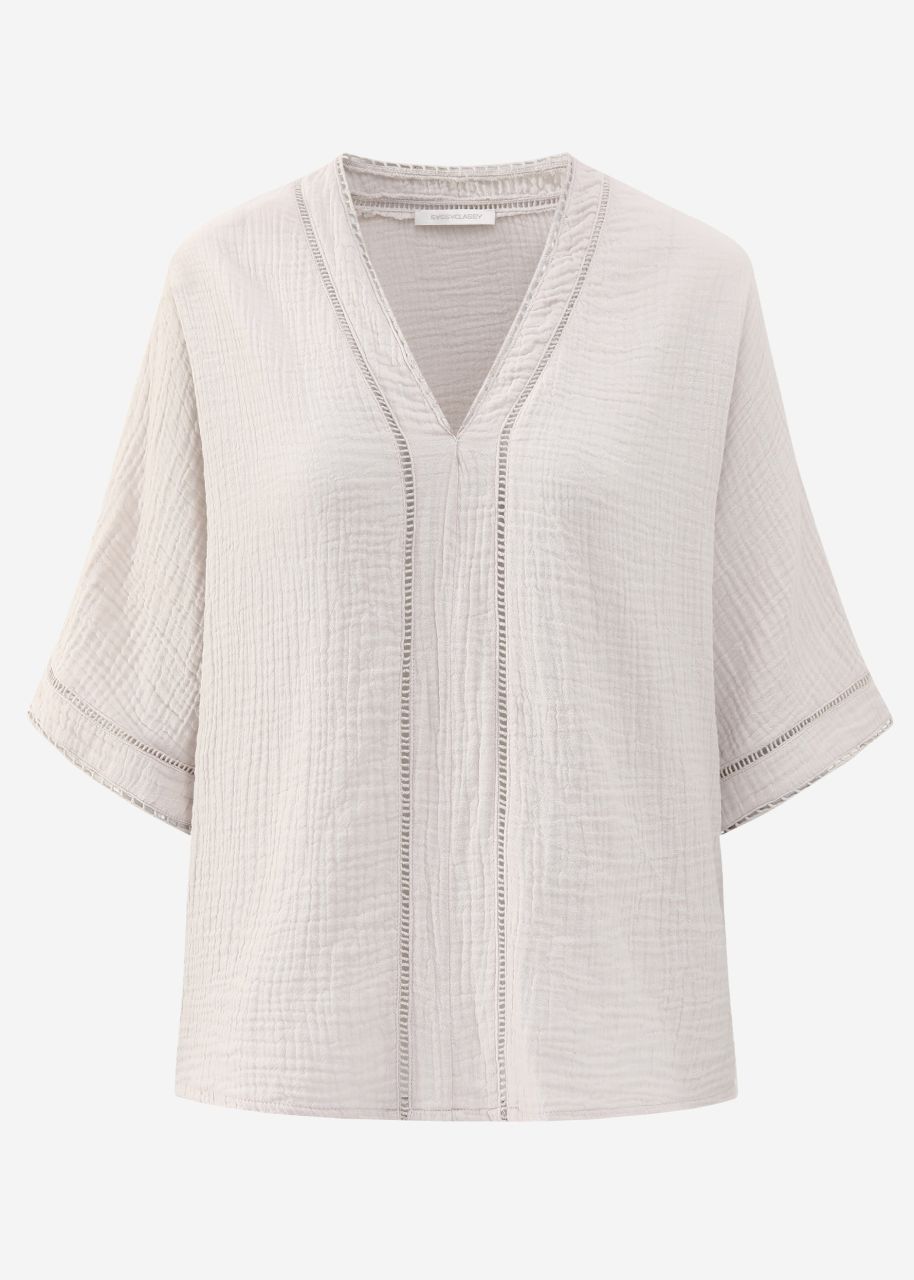 Musselin Bluse mit Spitzeneinsatz - hellbeige