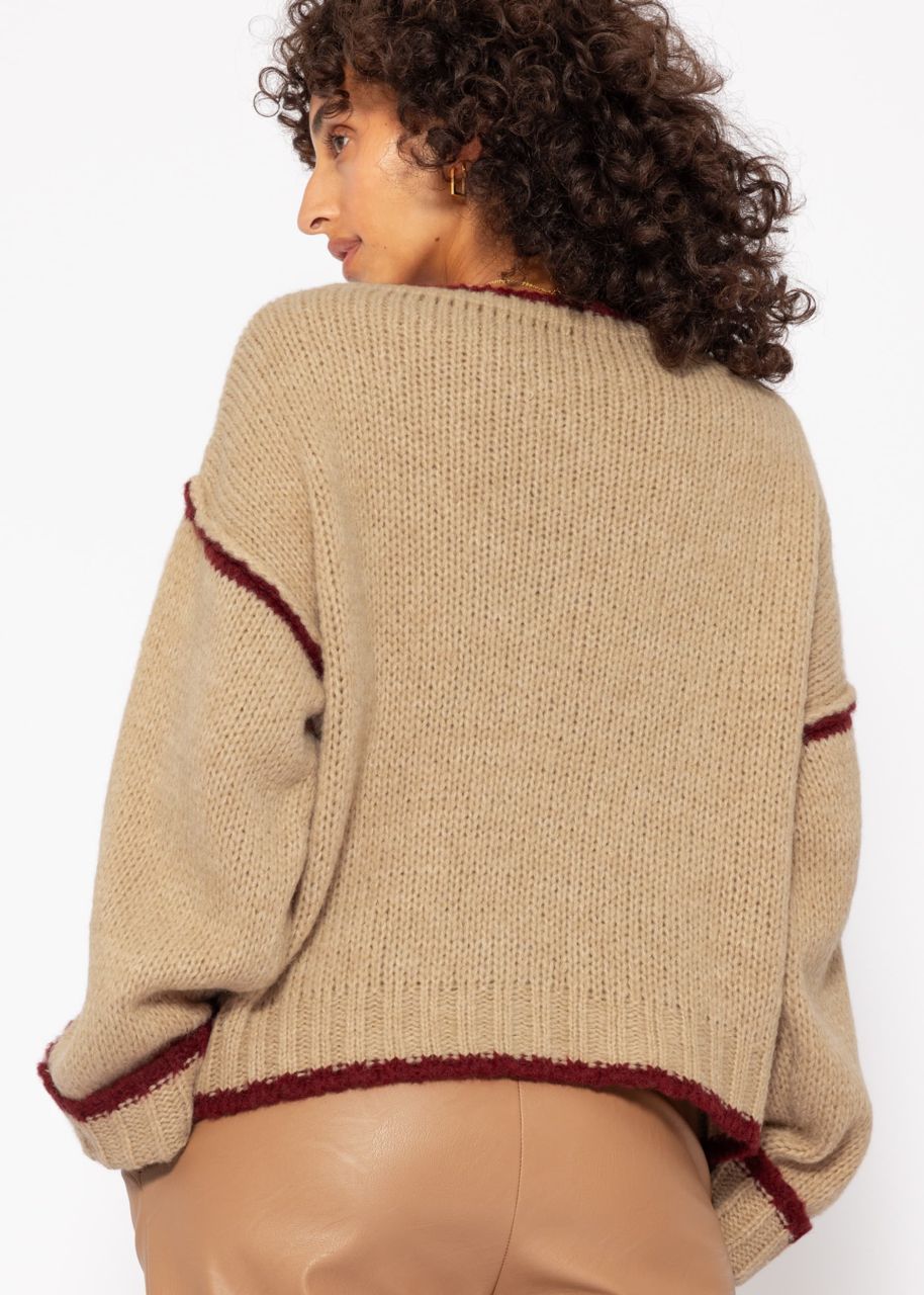 Pullover mit farbigen Blenden - beige-bordeaux