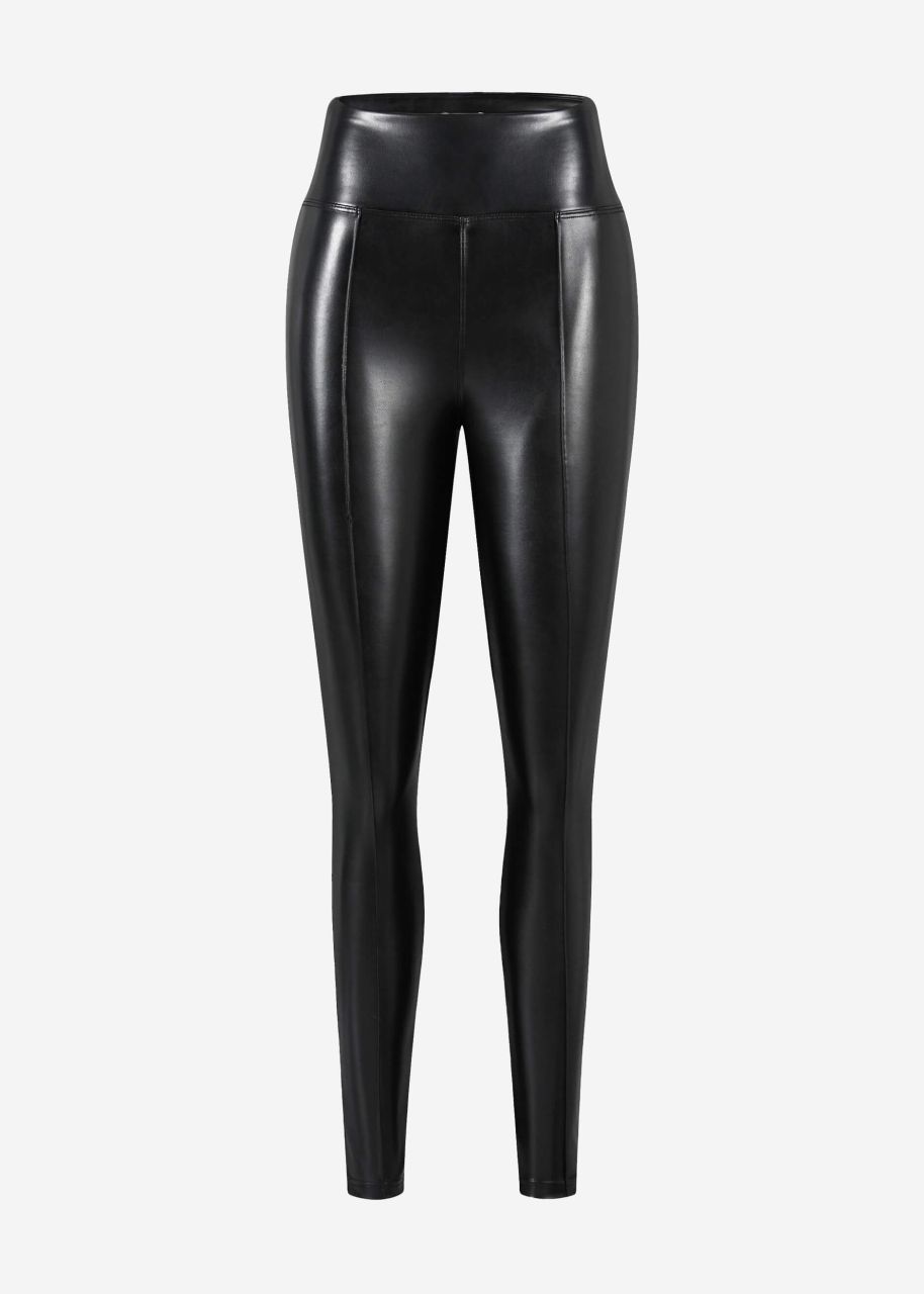 High-Rise Thermo Kunstleder Leggings mit Biese - schwarz