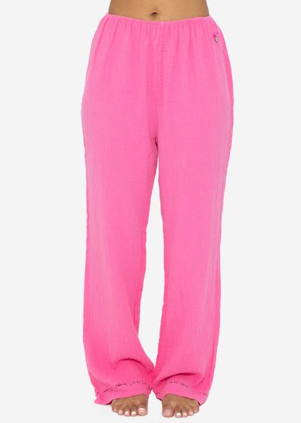 Musselin Pyjamahose mit Spitzenborte - pink