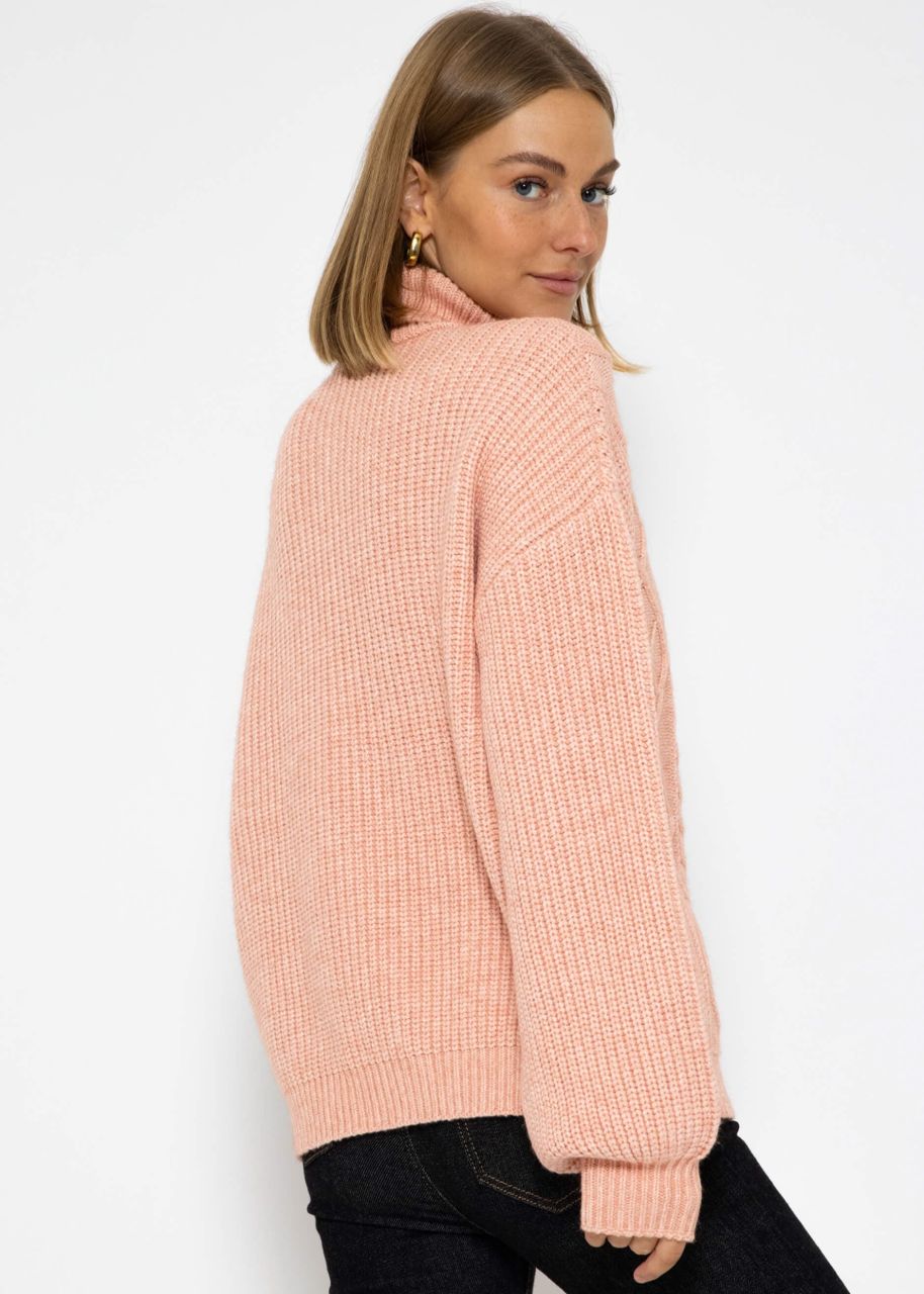 Rollkragenpullover mit Zopfmuster - rosa