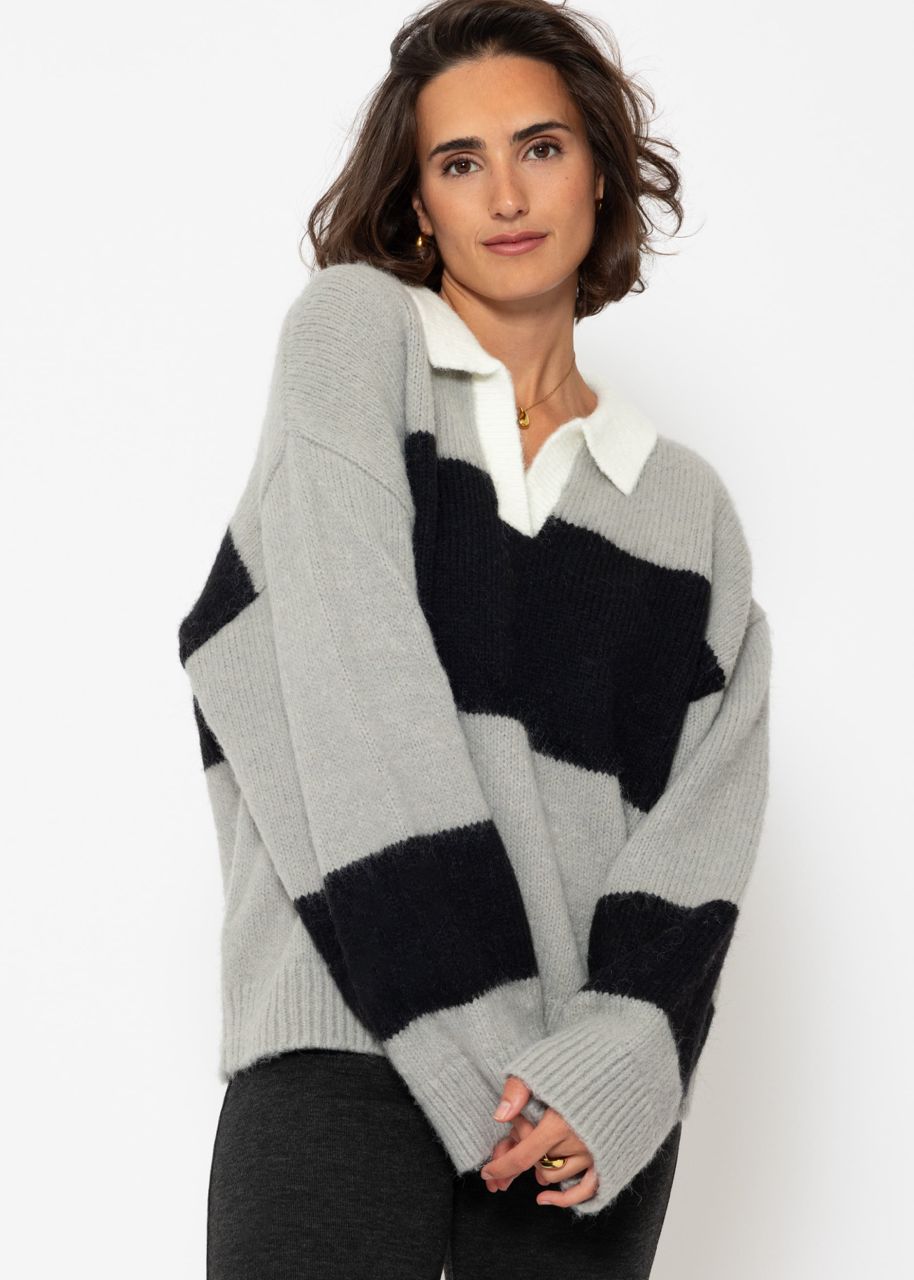 Oversize Pullover mit Kragen - grau-schwarz