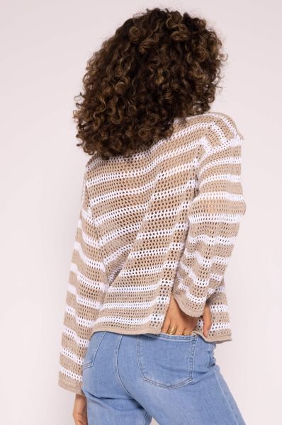 Streifen Crochet Pullover, beige-weiß