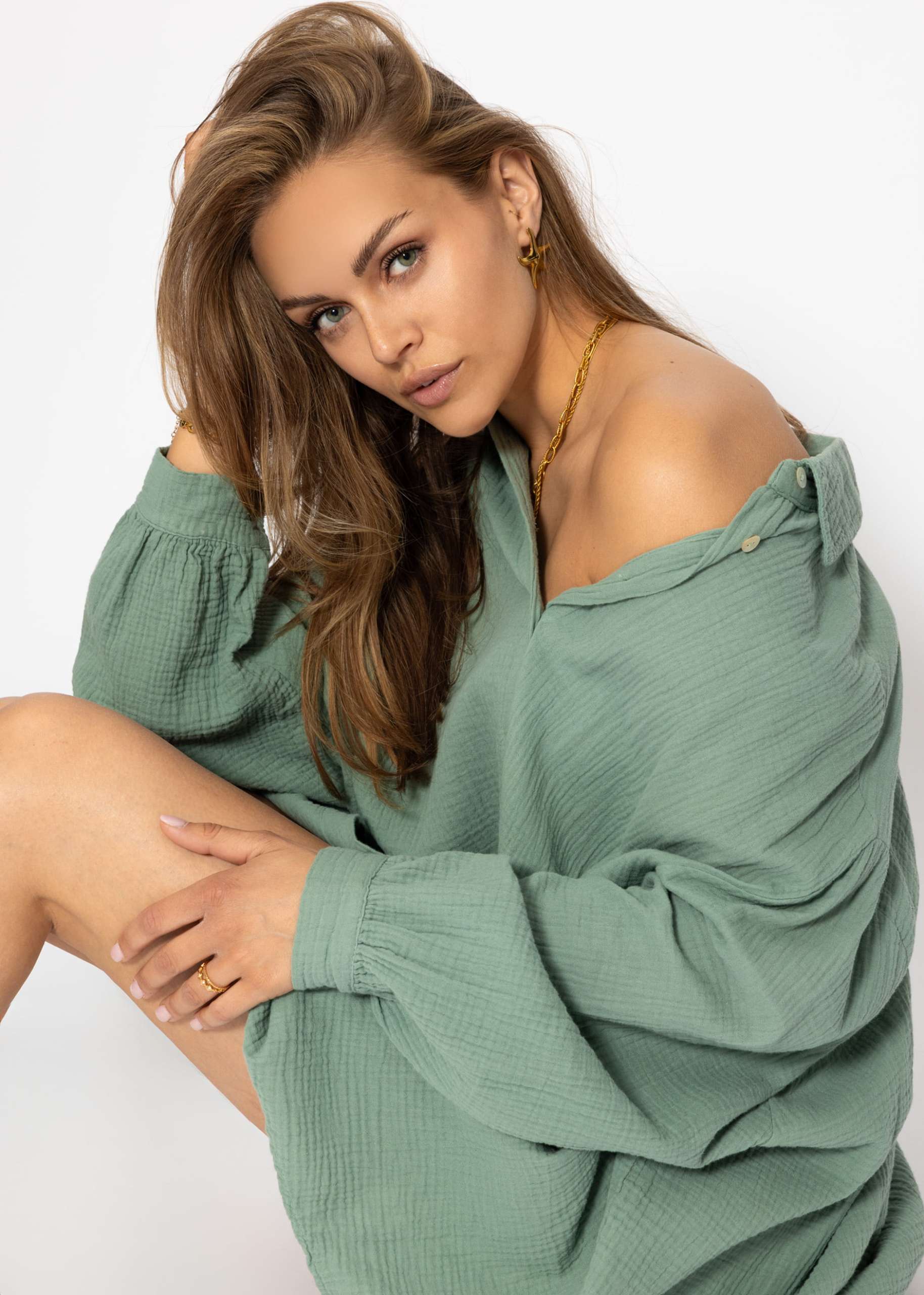 Musselin Bluse oversize, salbeigrün