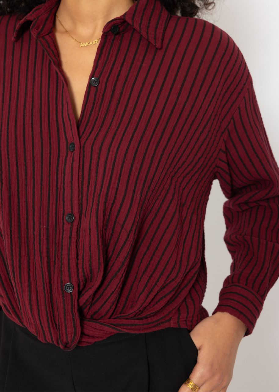 Gestreifte Musselin Bluse mit Knoten - burgundy-schwarz