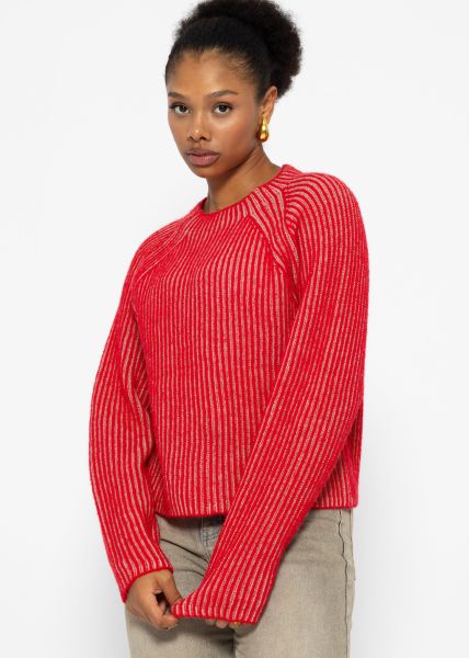 Zweifarbiger gerippter Pullover - rot-beige