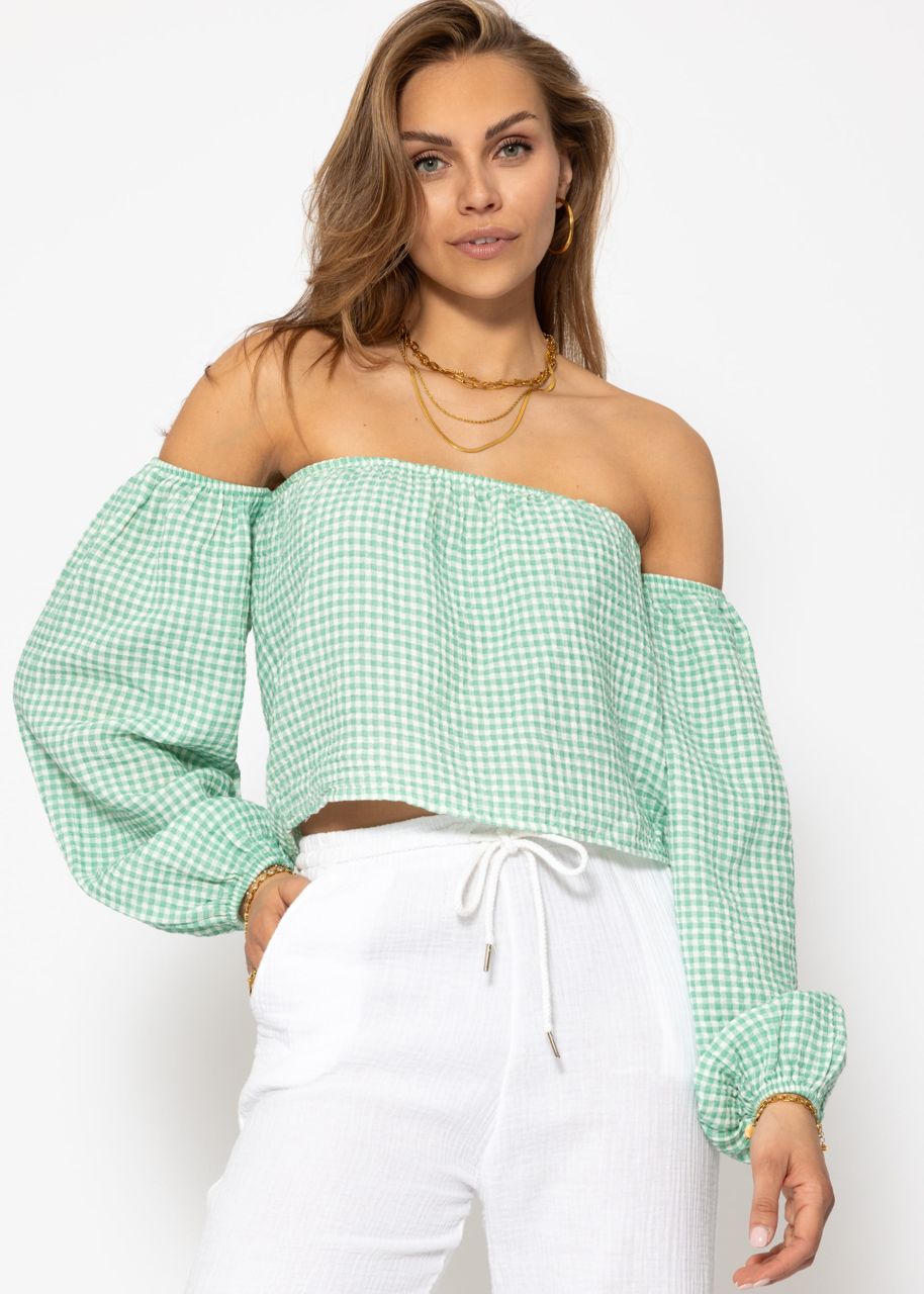Musselin Top mit Vichy-Print, schulterfrei - salbeigrün-weiß