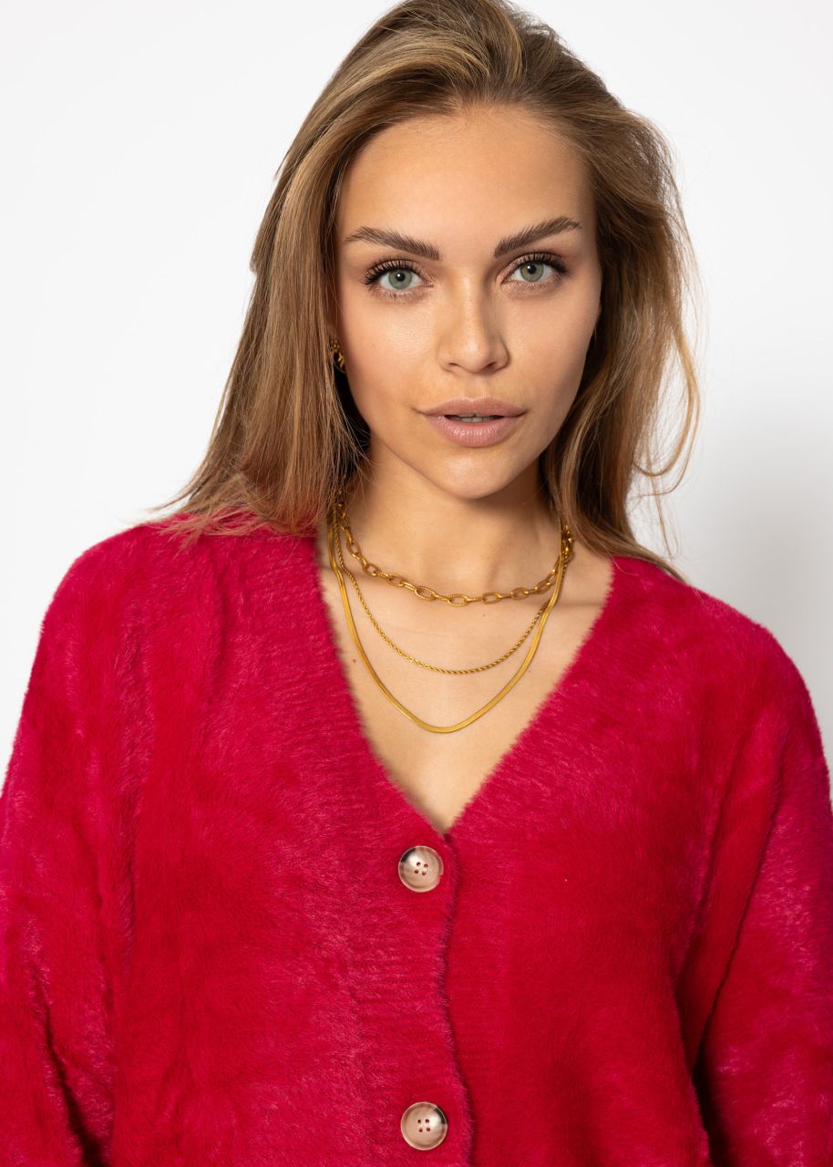 Flauschiger Cardigan mit Knöpfen - berry