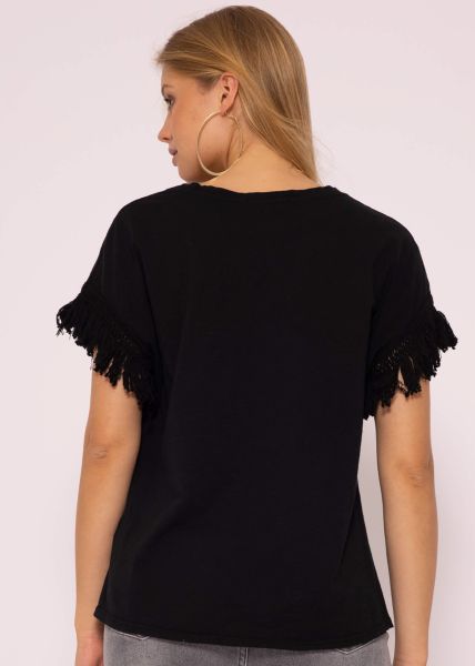 T-Shirt mit Fransenborte, schwarz
