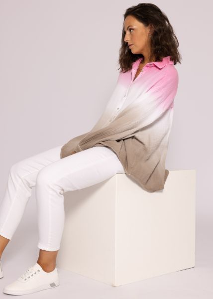 Ultra oversize Dip Dye Musselin-Blusenhemd, rosa/weiß/taupe