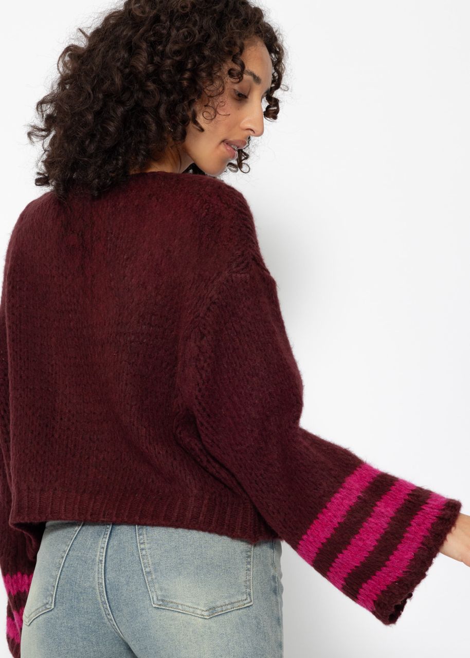 Cardigan mit gestreiftem Ärmelabschluss - burgundy