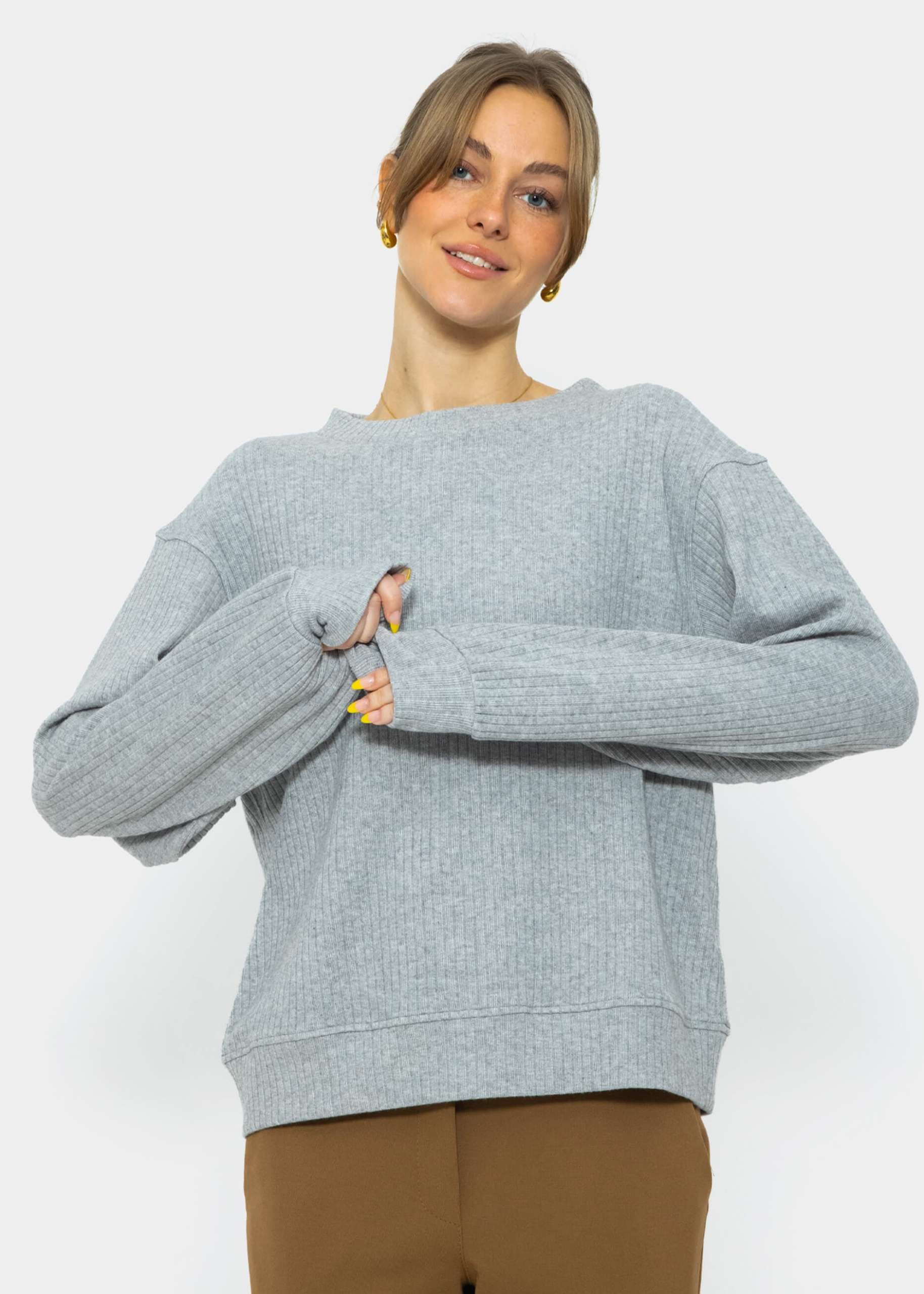 Geripptes Sweatshirt mit Stickerei - grau