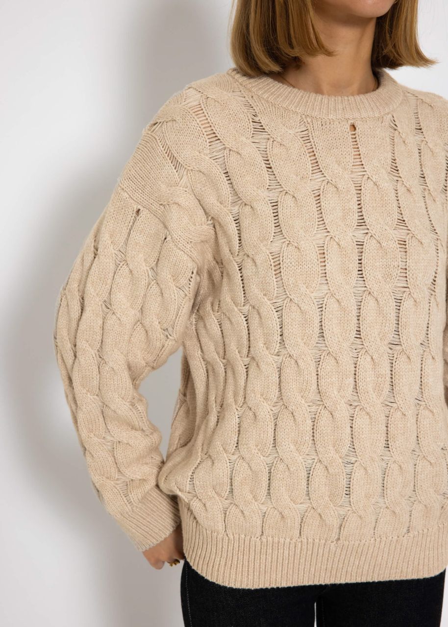 Strickpullover mit Zopfmuster - beige