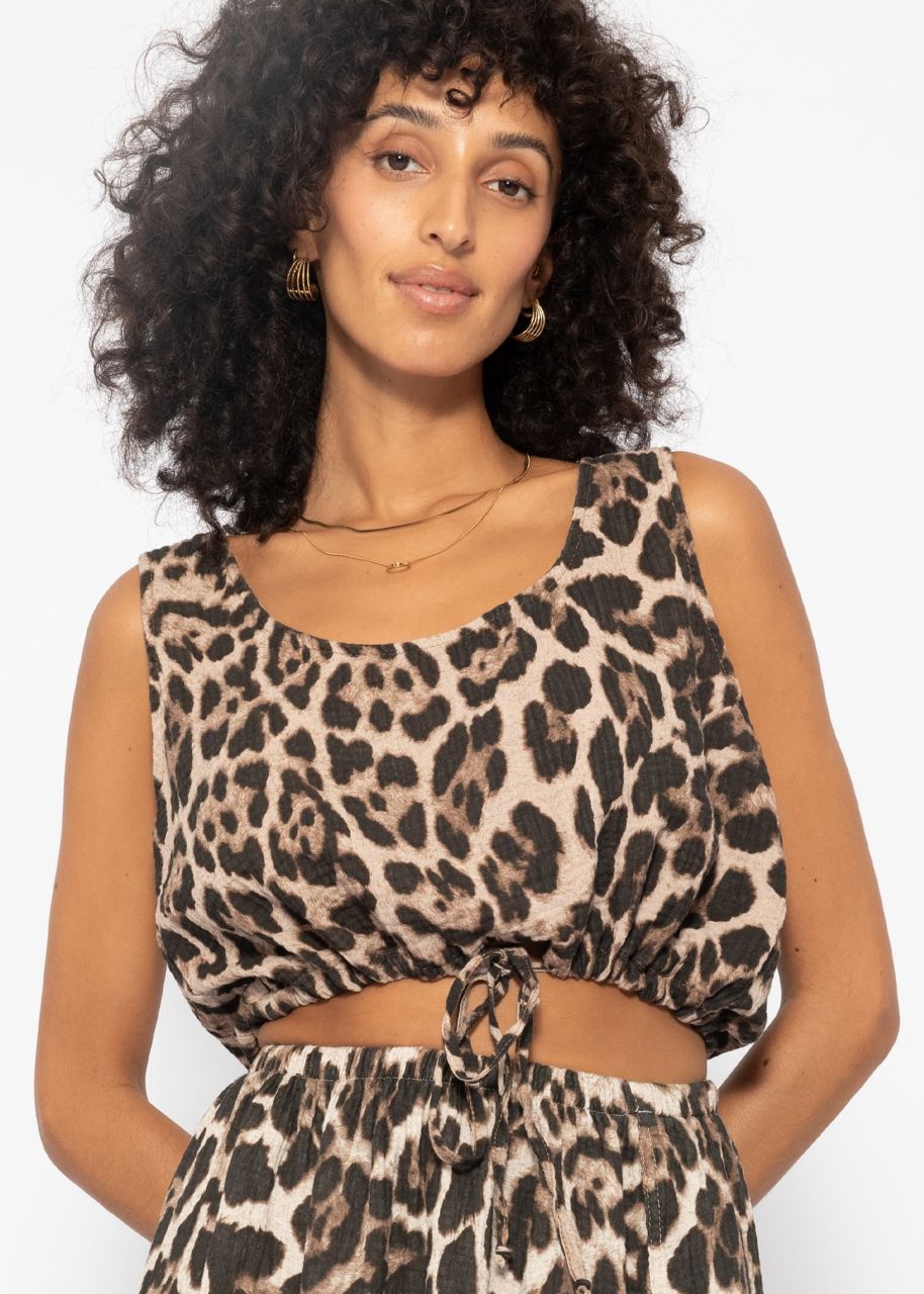 Musselin Top mit Zugband in Leo-Print - braun