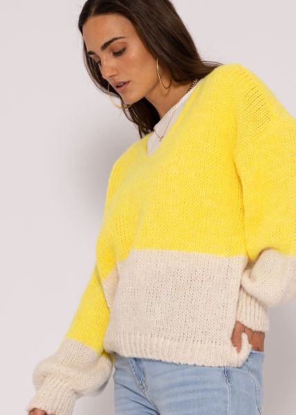Lockerer Pullover mit V-Ausschnitt, gelb/offwhite