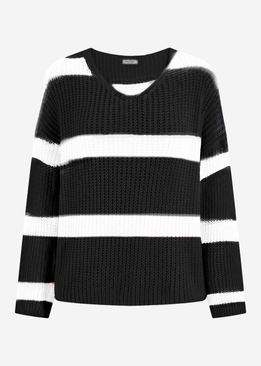 Pullover mit Streifen und V-Ausschnitt - schwarz-lila
