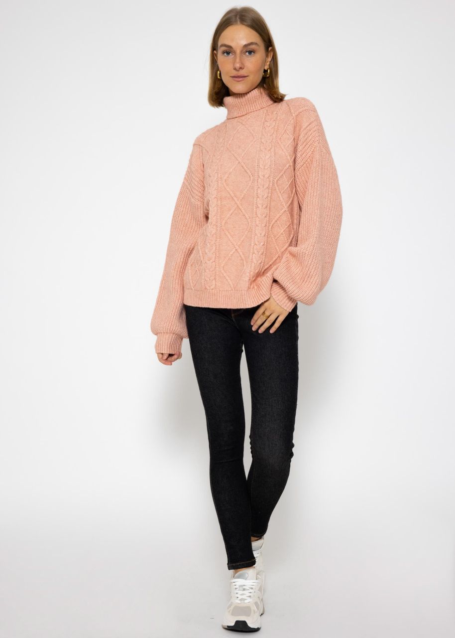 Rollkragenpullover mit Zopfmuster - rosa