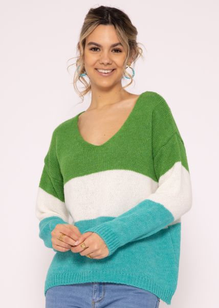 Streifen-Pullover mit V-Ausschnitt, grün/weiß/türkis